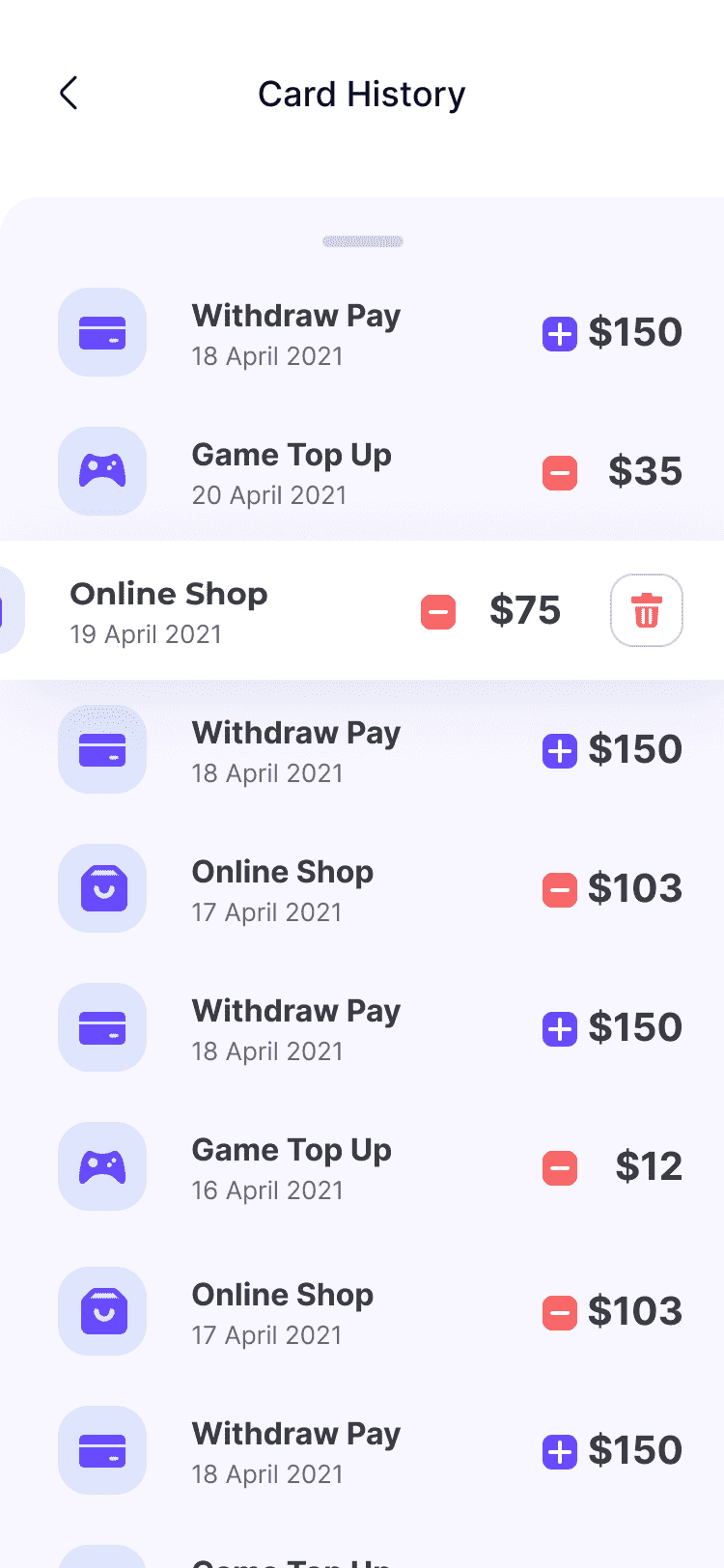 Screens Card History